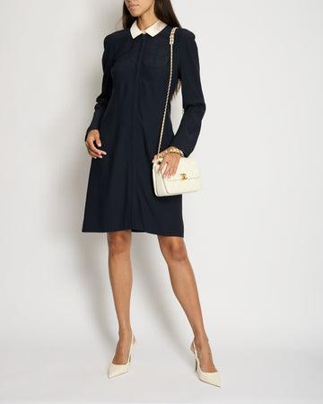 * * Top Quality Chanel 97/A Navy Long Sleeve Midi Dress with Detachable Collar Detail FR "Petit" (UK 12)