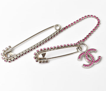 Top Quality Chanel Brooch Coco Mark Rhinestone Silver Magenta