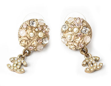 Top Quality Chanel Circle Pearl Motif Logo Rhinestone Gold Earrings