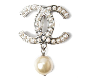 Top Quality Chanel Brooch with Rhinestones and Faux Pearls, Silver