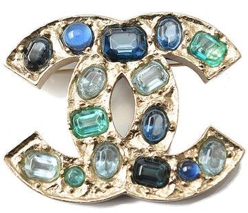 Top Quality Chanel Metal Rhinestone Brooch Blue Multi/Gold