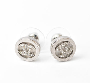 Top Quality Chanel CC Circle Rhinestone Silver Earrings