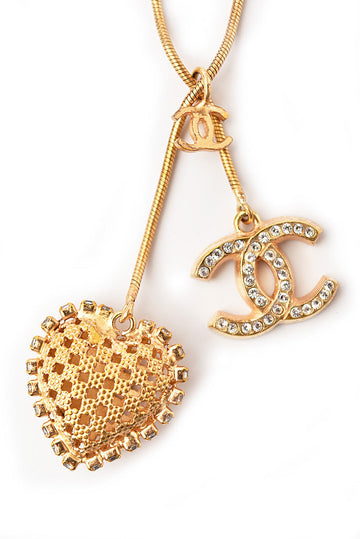Top Quality Chanel Necklace/Pendant Long CC Heart Rhinestone Gold