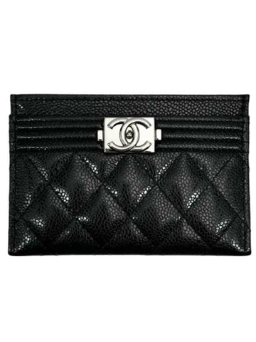Boy Shining Silver Logo Caviar Card Wallet Black Chanel