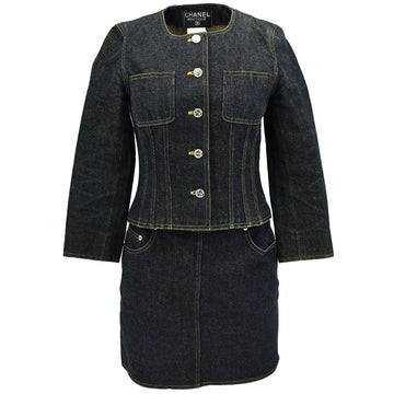 Top Quality Chanel Spring 1996 Setup Suit Collarless Jacket Skirt Denim Indigo #38