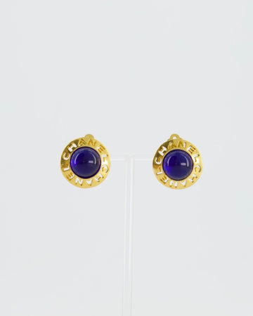 Top Quality Chanel   Yellow Gold with Blue Pearl Round Clip-On Earrings with CC Logo
