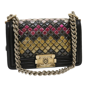 Top Quality Chanel Boy  Chain Shoulder Bag Tile Black Multicolor CC Auth 29551A