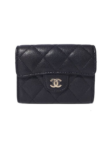 Classic Grained Calfskin Card Wallet Gold Black Chanel