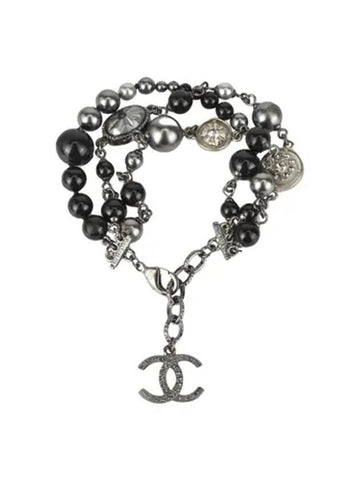 CC Logo Crystal Beads Pearl Bracelet Black Silver Chanel
