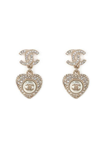 CC Logo Heart Drop Cubic Pearl Earrings Silver Chanel