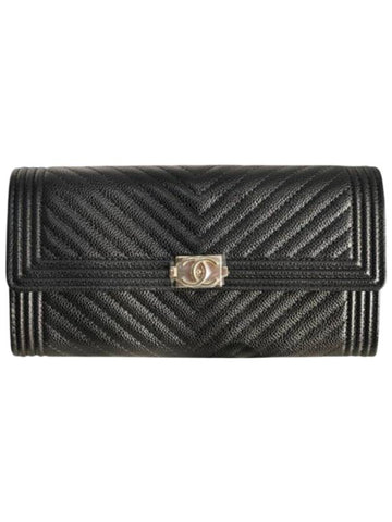 Logo Flap Grained Calfskin Long Wallet Black Chanel