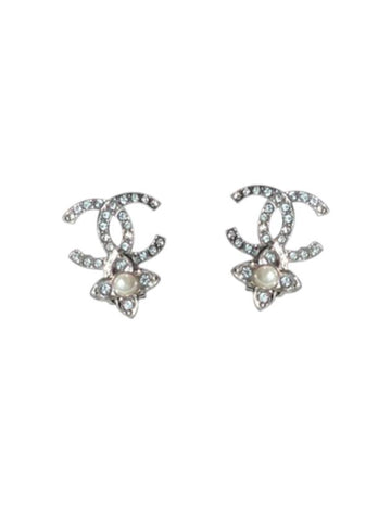 CC Logo Pearl Flower Earrings Silver Chanel