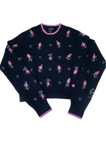 Flower CC Logo Cashmere Knit Top Navy Blue Chanel