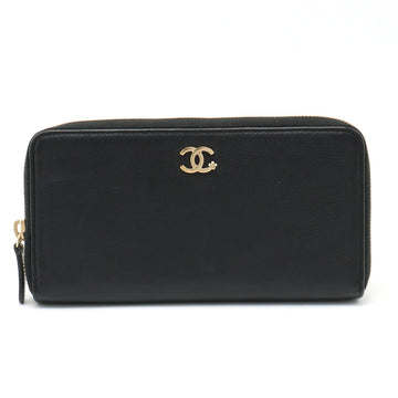 Top Quality Chanel Lucky Flower Coco Mark Roundfather Long Wallet Leather Black Black Gold  A81657