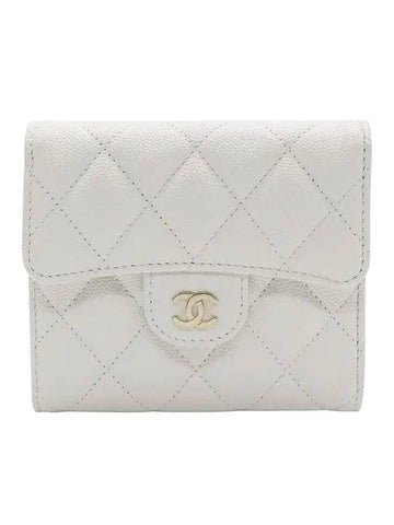 CC Logo Flap Leather Half Wallet White Chanel