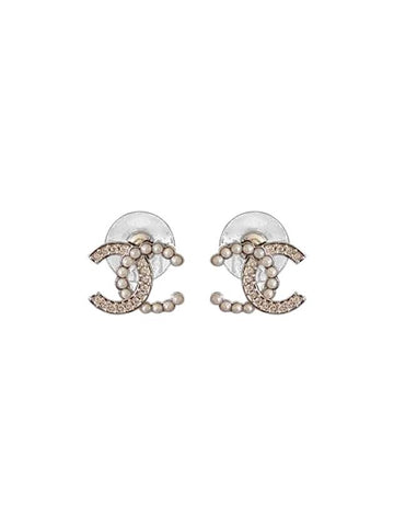 CC Logo Pearl Crystal Earrings Silver Chanel
