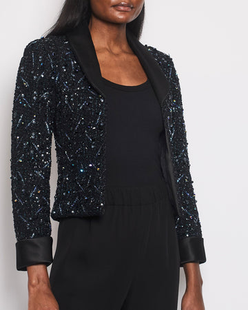 *HOT* Top Quality Chanel Black and Blue Sequin Embellished Jacket with Satin Collar Detail Size FR 34 (UK 6)