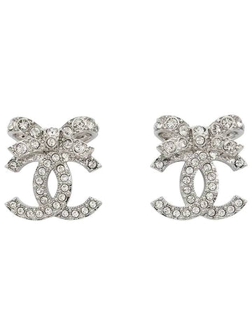 CC Logo Ribbon Metal Diamantes Crystal Earrings Silver Chanel