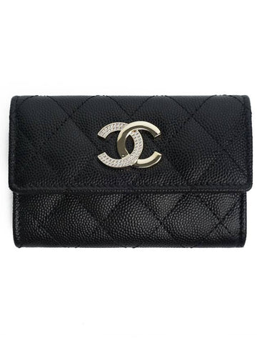 CC Logo Leather Card Wallet Black Chanel