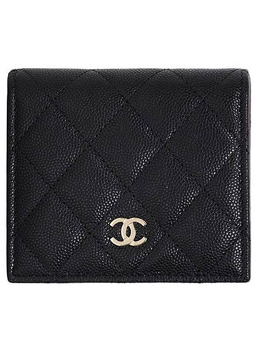 Classic Gold Hardware CC Logo Grained Calfskin Half Wallet Black Chanel