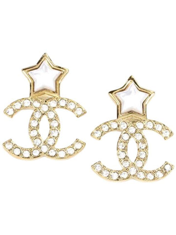 CC Logo Crystal Star Pearl Earrings Gold Chanel