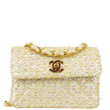 Top Quality Chanel * White Sequin Straight Flap Shoulder Bag Micro