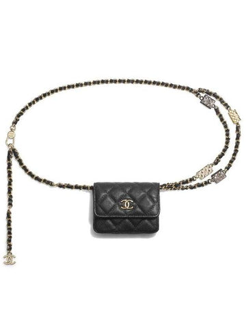 CC Logo Flap Chain Calfskin Card Wallet Black Chanel