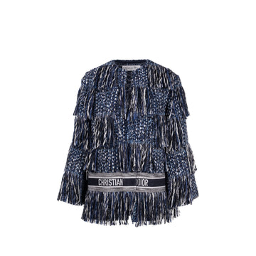 Top quality Dior Size 36 Embroidered Logo Fringe Tweed Coat Virgin Wool/Cotton Blue
