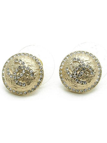 CC Logo Rhinestone Round Earrings Gold Chanel