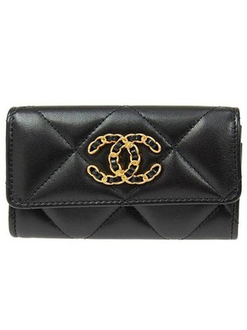 Nineteen Gold CC Logo Lambskin Flap Card Wallet Black Chanel