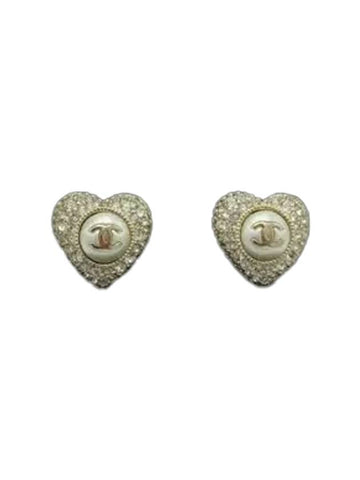 CC Heart Pearl Cubic Earrings Gold White Chanel