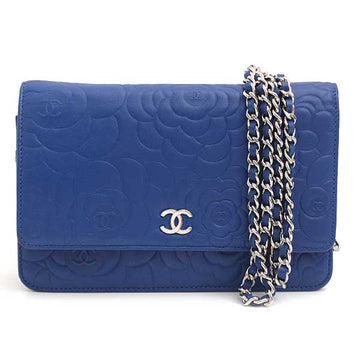 Top Quality Chanel Camellia Chain Wallet Blue Lambskin
