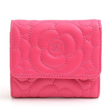Top Quality Chanel Camellia Lambskin Trifold Compact Wallet Pink