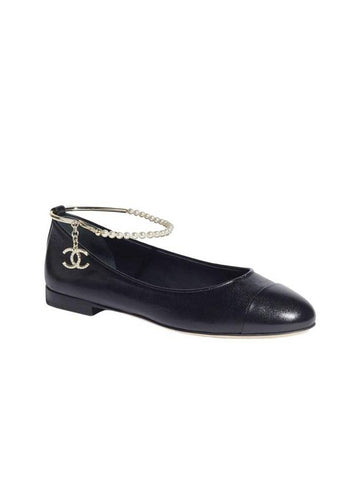 Ballerina Flat Shiny Lambskin Metal Imitation Pearls & Black Chanel