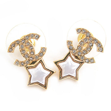 Top Quality Chanel Star Rhinestone Earrings Gold White