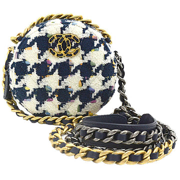 Top Quality Chanel Tweed Round Chain Shoulder Bag Houndstooth White Navy