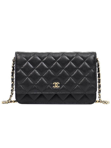 Classic Wallet On Chain Crossbody Bag Grained Calfskin Gold Black Chanel