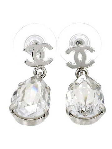 CC Logo Crystal Teardrop Earrings Silver Chanel