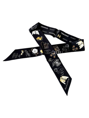 CC Logo Signature Printed Silk Twilly Bandeau Scarf Black Chanel