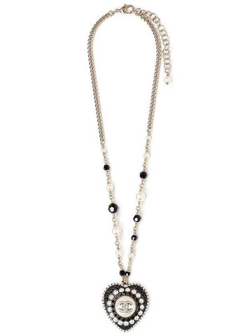 CC Heart Pearl Crystal Necklace Black Gold Chanel