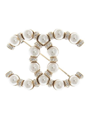 CC Logo Pearl Crystal Brooch Gold Chanel