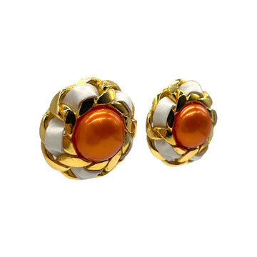 Top Quality Chanel Red Orange Synthetic Pearl Leather & Chain Earrings