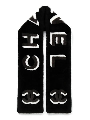 CC Lettering Shearling Cashmere Muffler Black Chanel