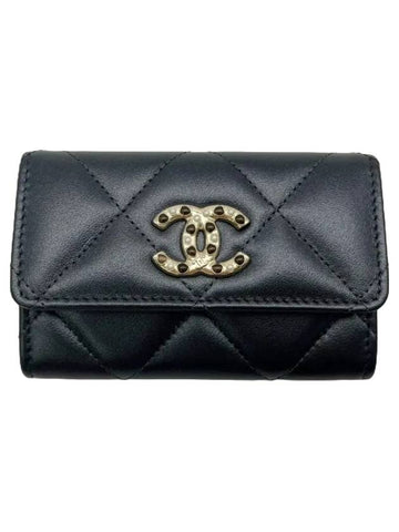 CC Logo Flap Lambskin Card Wallet Black Chanel