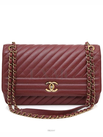 Diagonal Chevron Quilted Chain Flap Shoulder Bag Red Gold Chanel