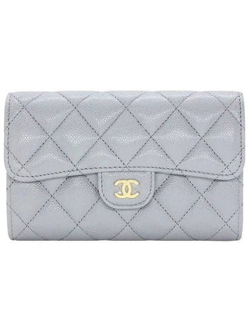 Classic Gold Logo Flap Grained Shiny Calfskin Half Wallet Grey Chanel