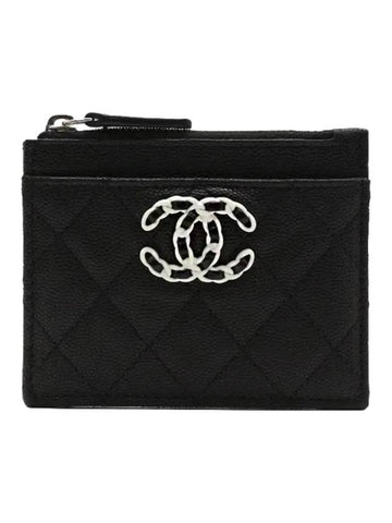 CC Logo Zipper Leather Card Wallet Black Chanel