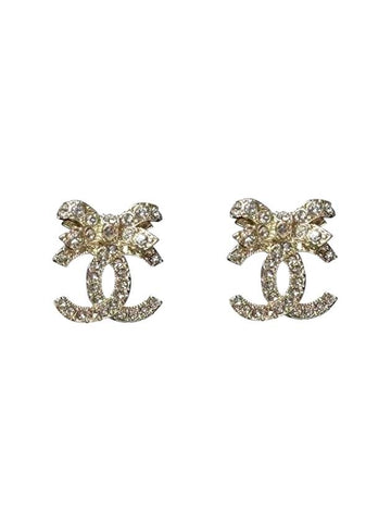 CC Logo Ribbon Metal Diamante Earrings Gold Chanel