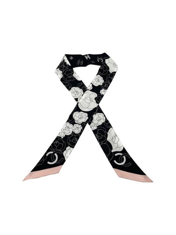 Camellia Twilly Silk Muffler Black Pink Chanel