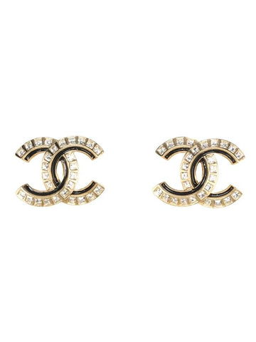 CC Logo Crystal Earrings Black Gold Chanel